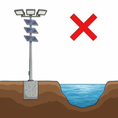 Diagram illustrating high mast pole foundation elevation above the 50-year flood level near a water body.