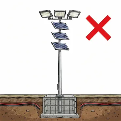 Pre-installation site survey for underground utilities like power cables and fiber optics before high mast foundation excavation.